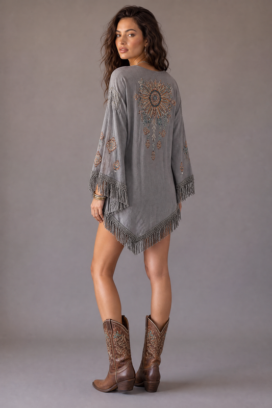Encore Fringe Long Sleeve Mini Dress