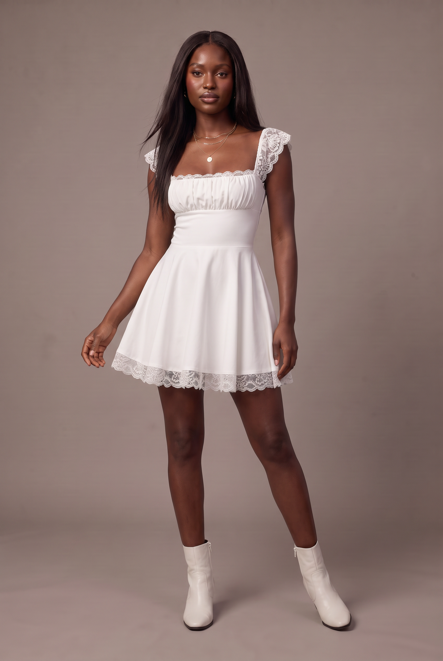 Lace Detail Square Neck Cap Sleeve Mini Dress