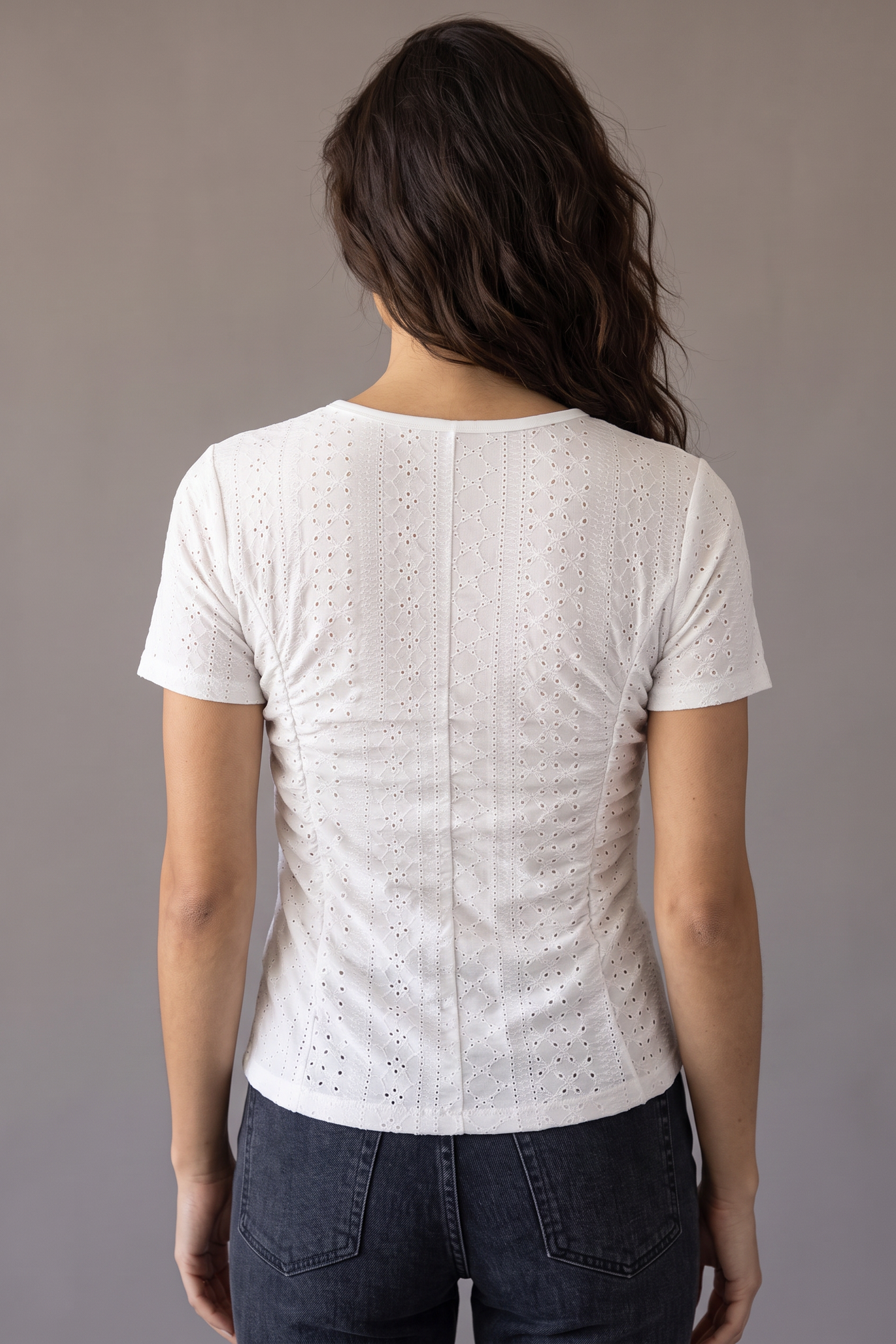 Encore Eyelet Ruched Short Sleeve Top