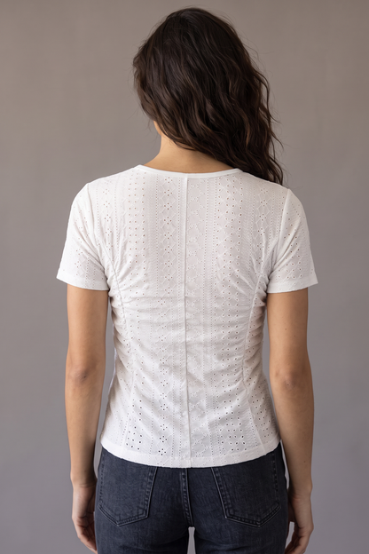 Encore Eyelet Ruched Short Sleeve Top