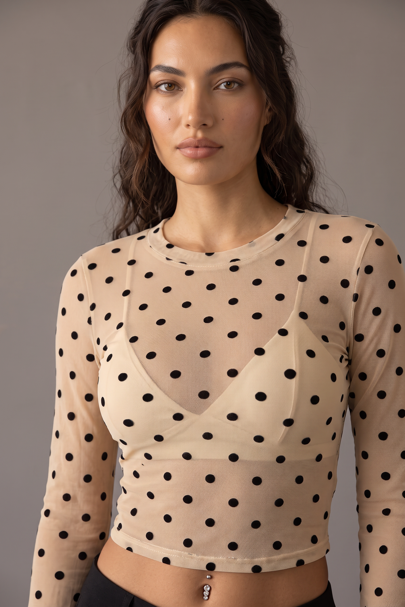 Backstage Polka Dot Mesh Long Sleeve Crop Top