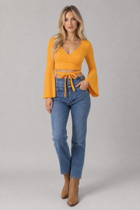 Tie Front Flare Sleeve Cropped Top