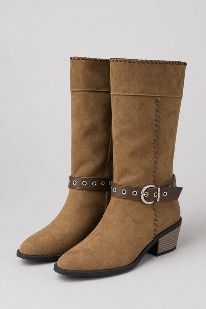 Whiskey Suede Buckle Mid-Calf Boots