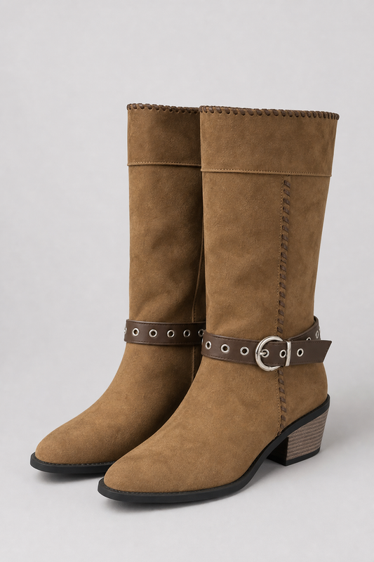 Whiskey Suede Buckle Mid-Calf Boots