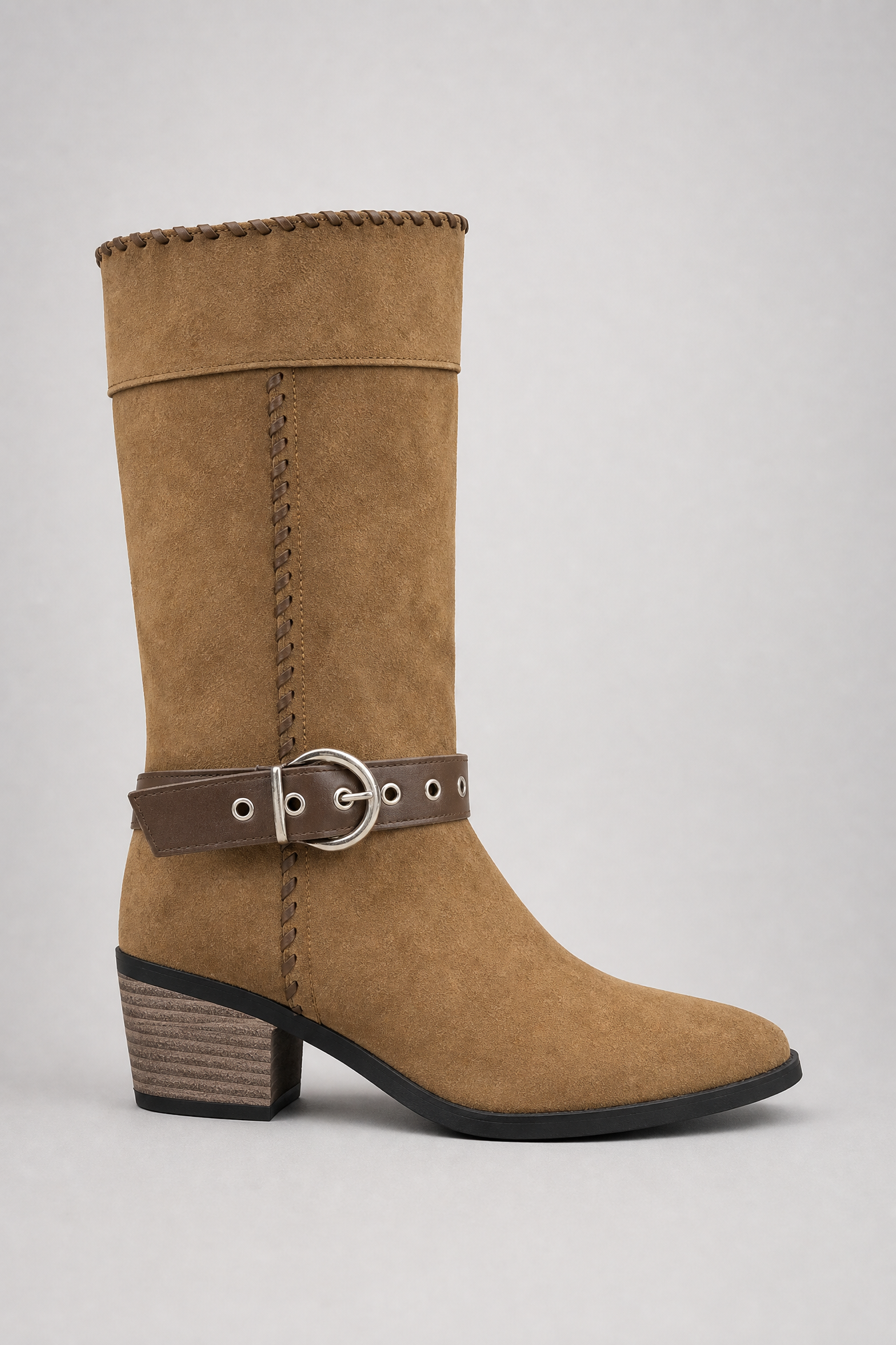 Whiskey Suede Buckle Mid-Calf Boots
