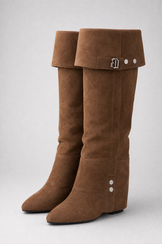 Tan Suede Fold-Over Cuff Knee-High Boots