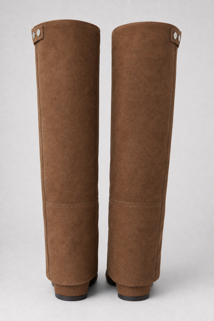 Tan Suede Fold-Over Cuff Knee-High Boots