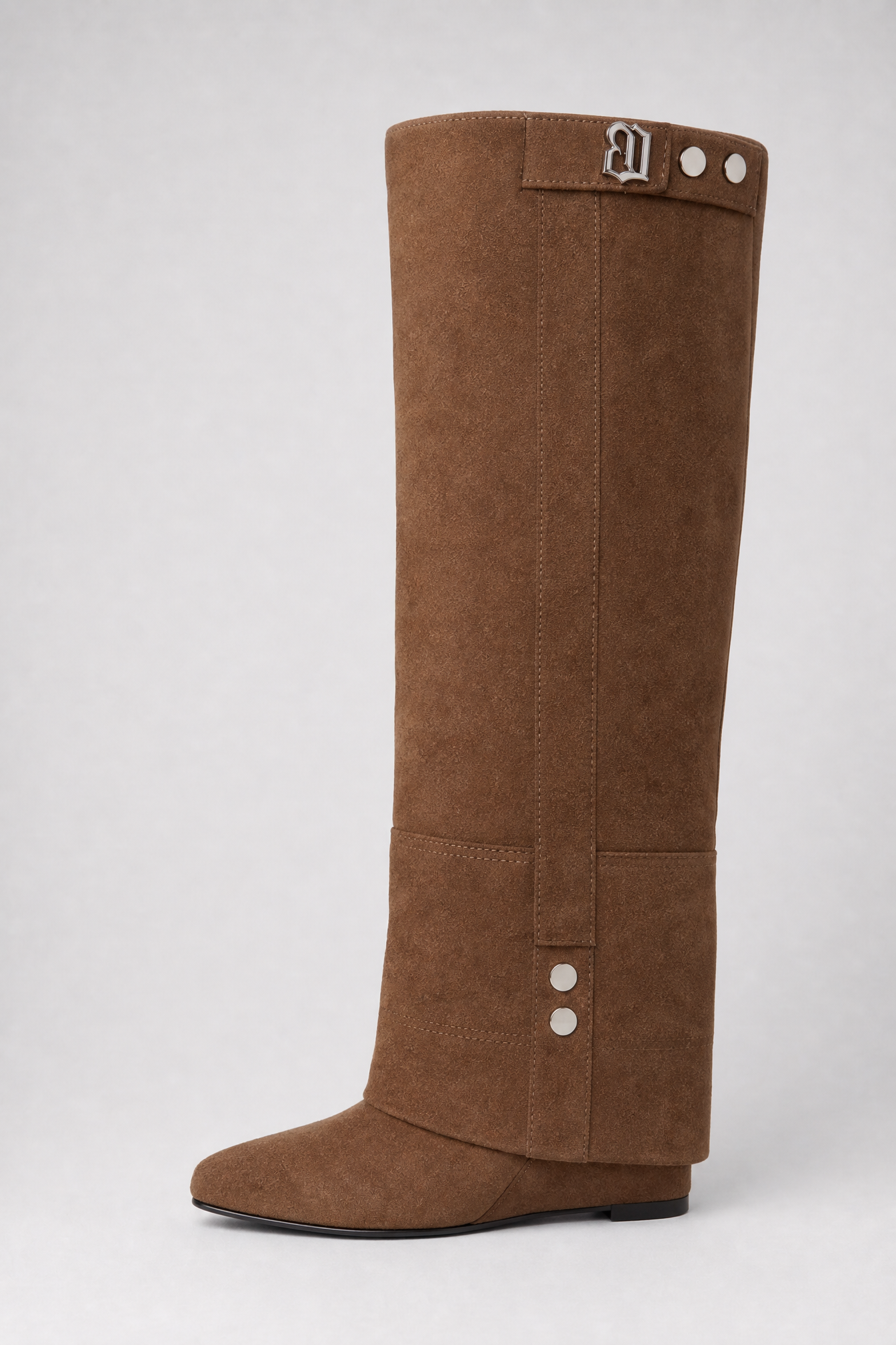 Tan Suede Fold-Over Cuff Knee-High Boots