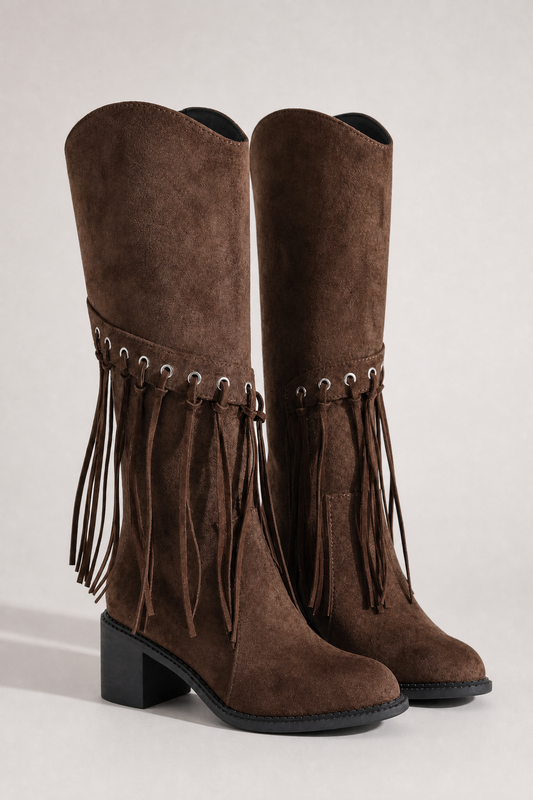 Chocolate Suede Fringe Knee-High Boots