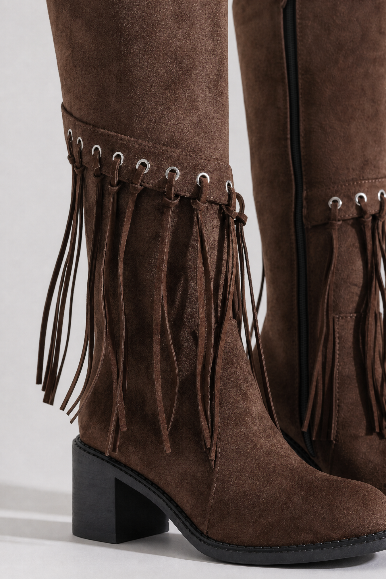 Chocolate Suede Fringe Knee-High Boots