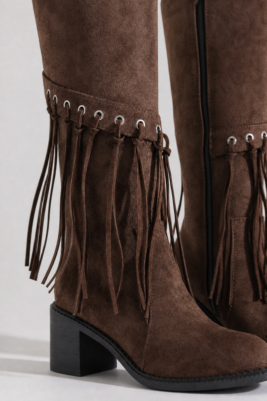 Chocolate Suede Fringe Knee-High Boots