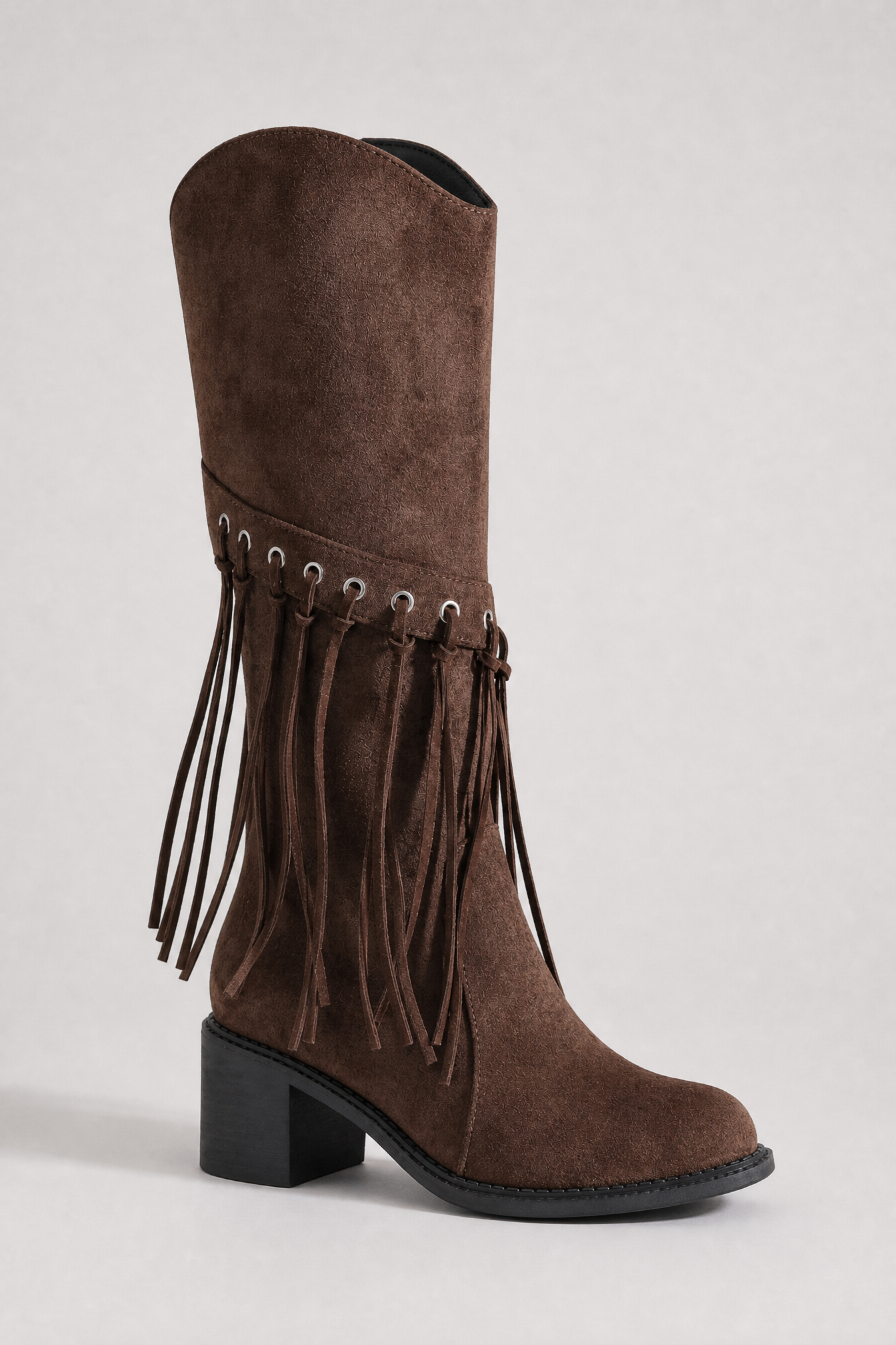 Chocolate Suede Fringe Knee-High Boots