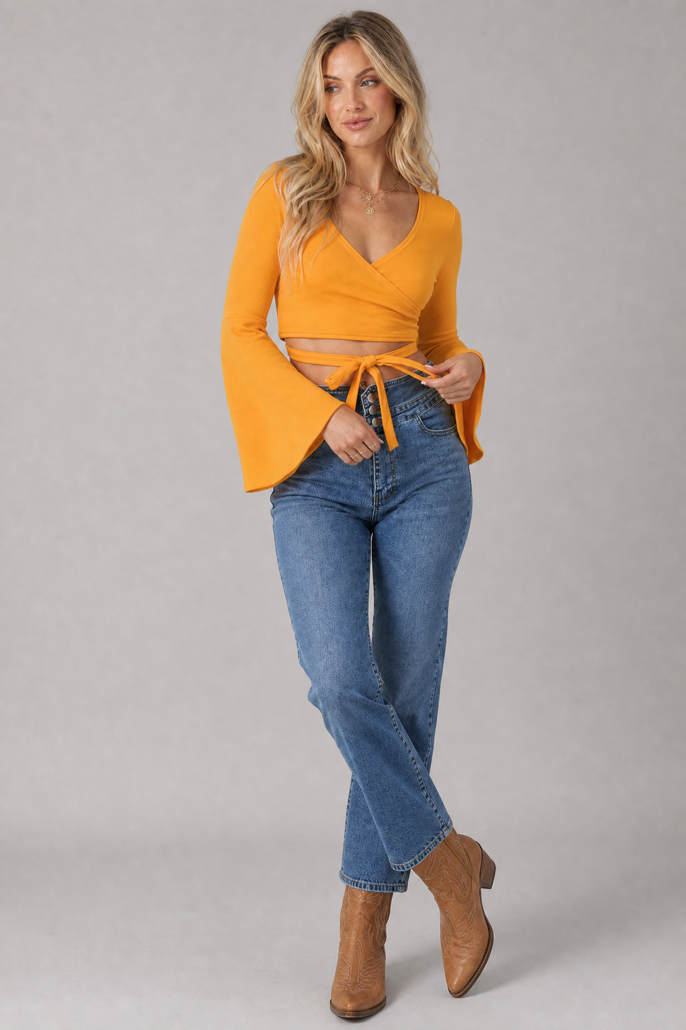 Tie Front Flare Sleeve Cropped Top
