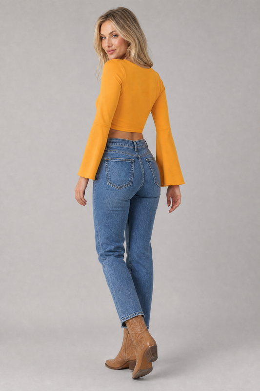 Tie Front Flare Sleeve Cropped Top
