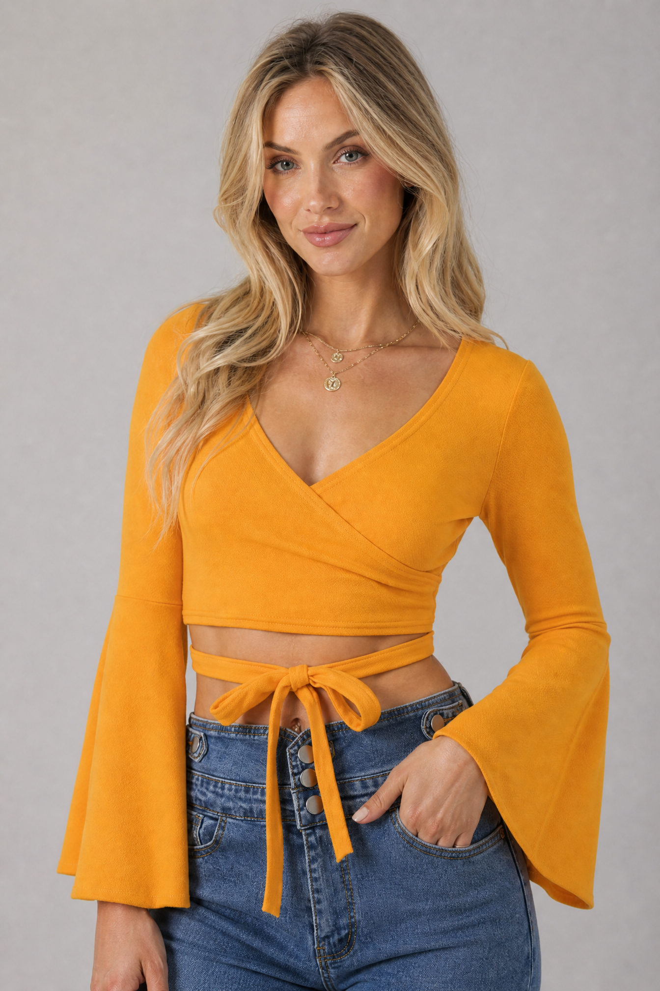Tie Front Flare Sleeve Cropped Top