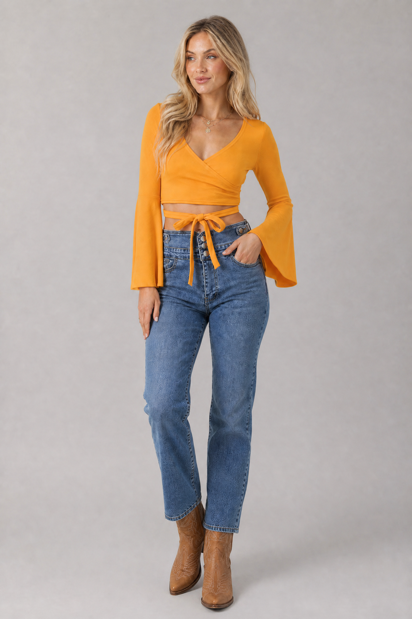 Tie Front Flare Sleeve Cropped Top