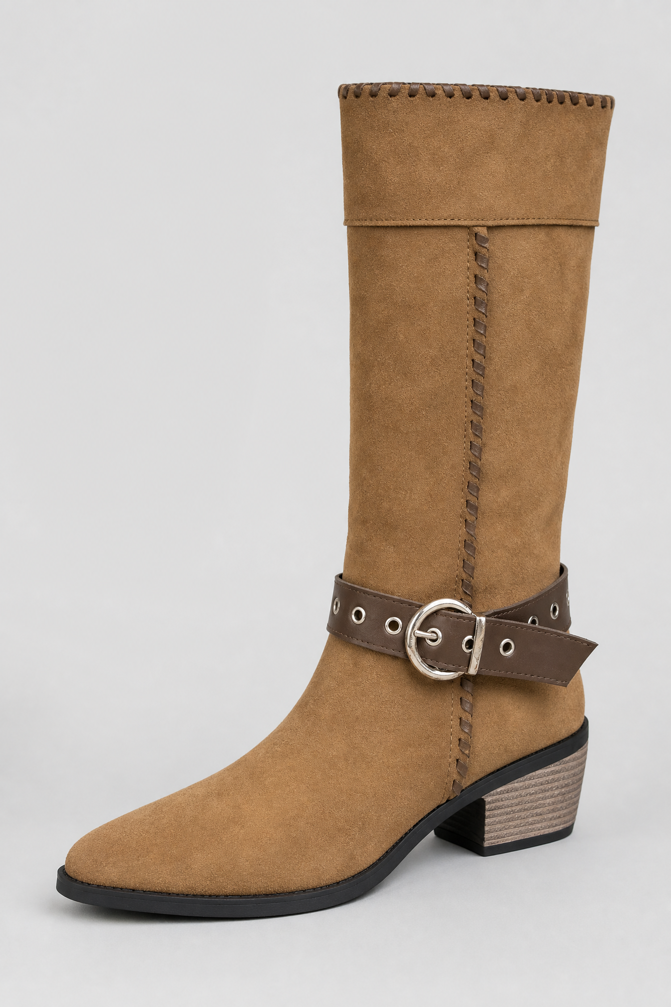 Whiskey Suede Buckle Mid-Calf Boots