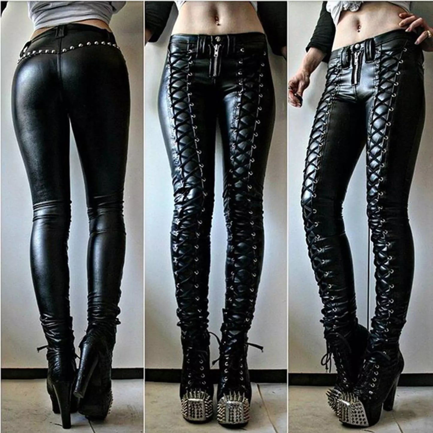 High-Waist Faux Leather Skinny Pants - Women's Button Trousers