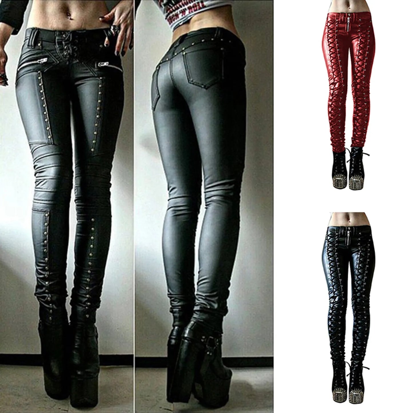 High-Waist Faux Leather Skinny Pants - Women's Button Trousers