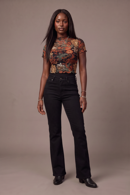 Midnight Bloom Floral Mesh Crop Top