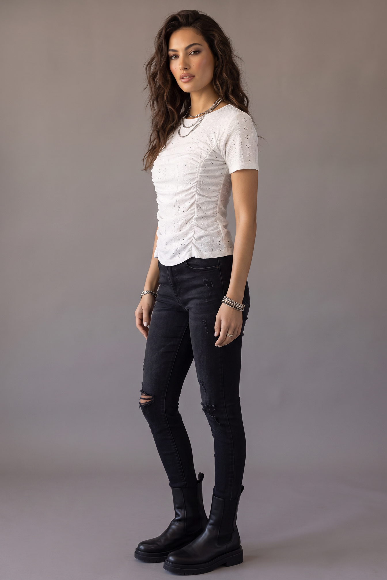 Encore Eyelet Ruched Short Sleeve Top