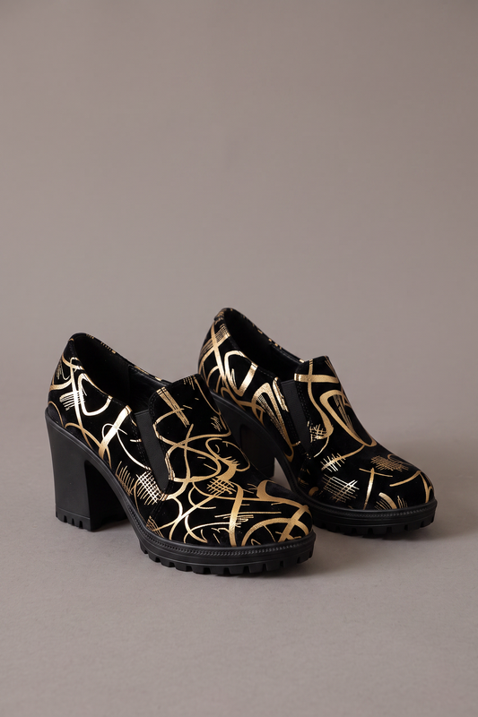 Encore Gold Round Toe Block Heel Pumps