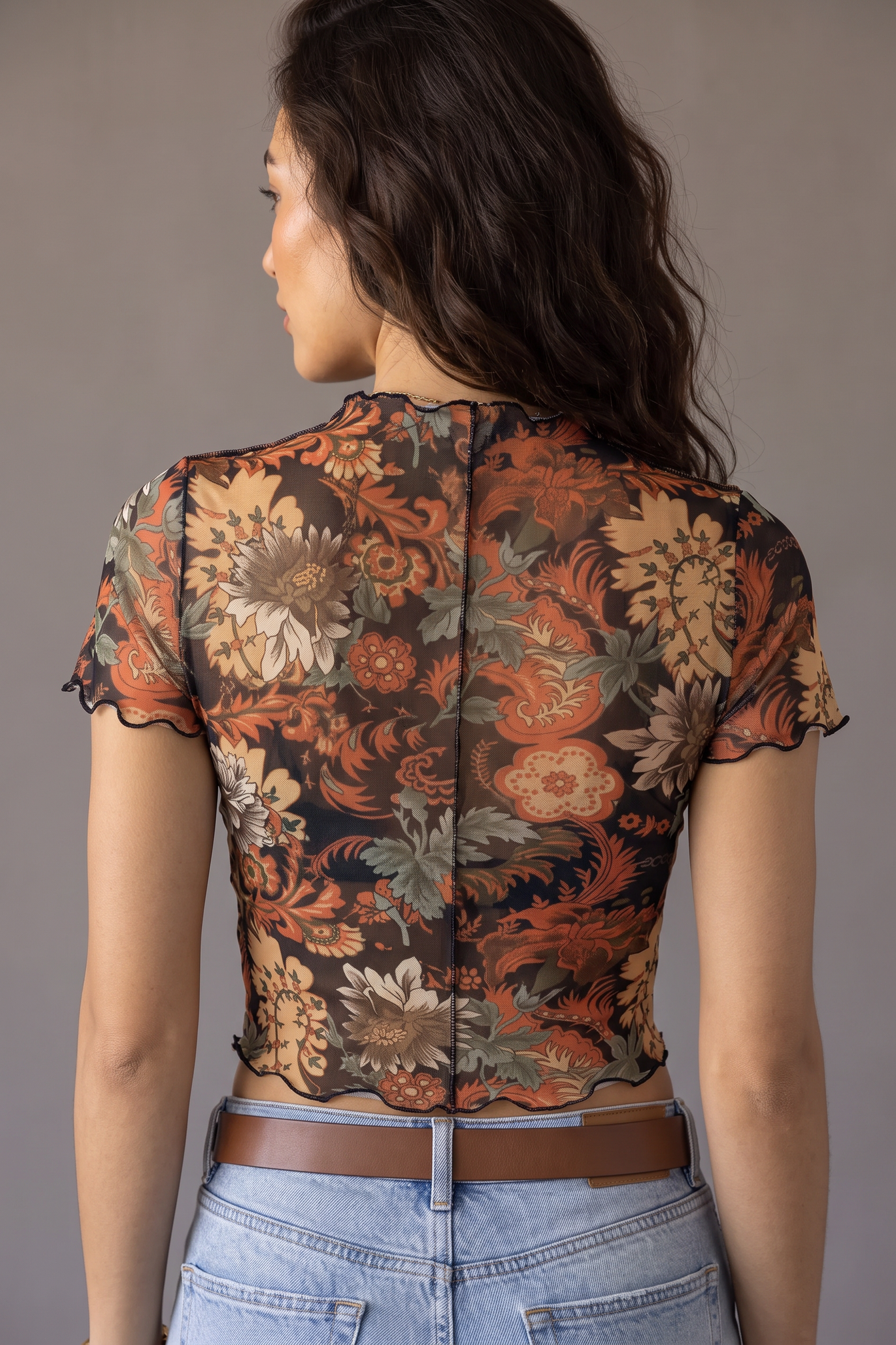 Midnight Bloom Floral Mesh Crop Top