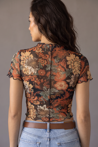 Midnight Bloom Floral Mesh Crop Top