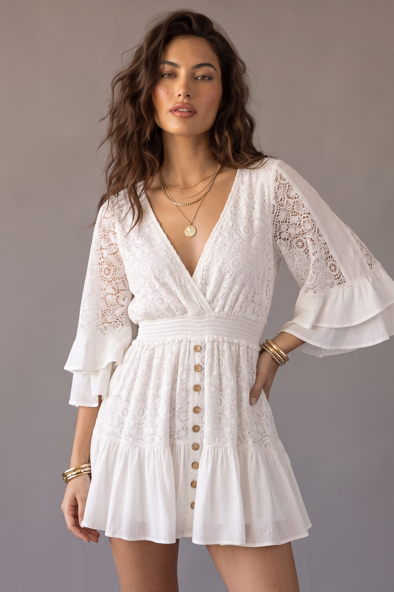 Golden Hour Lace Cutout Surplice Dress