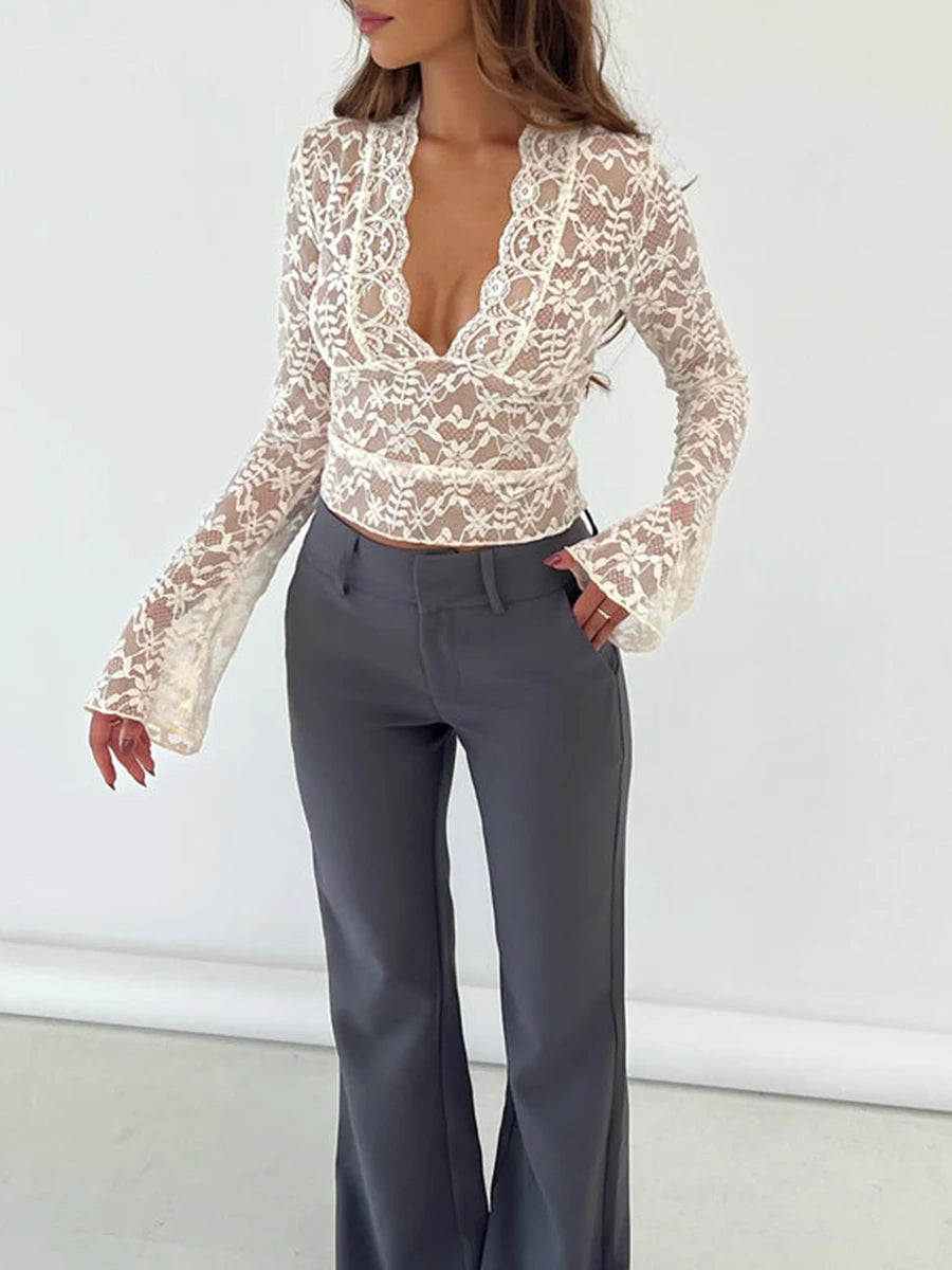 Floral Fantasy: Y2K-Inspired Sheer Lace Crop Top with Long Flared Sleeves