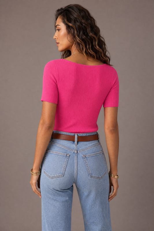 Encore Square Neck Short Sleeve Sweater