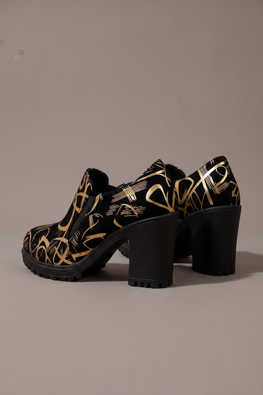 Encore Gold Round Toe Block Heel Pumps