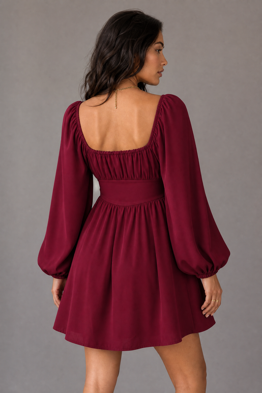 Encore Tie Square-Neck Balloon-Sleeve Mini Dress