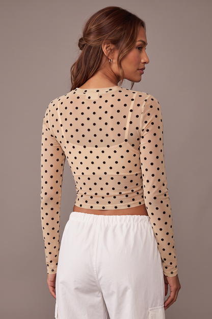 Backstage Polka Dot Mesh Long Sleeve Crop Top