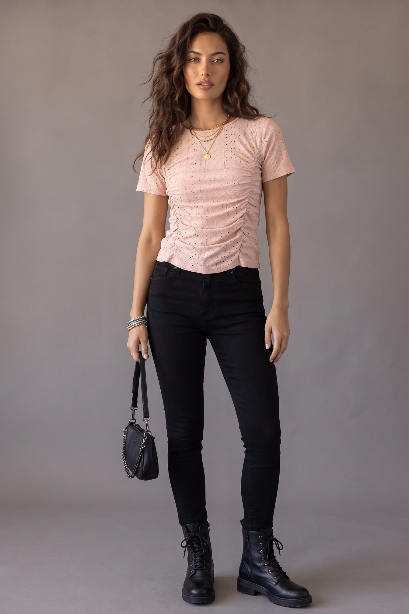 Encore Eyelet Ruched Short Sleeve Top