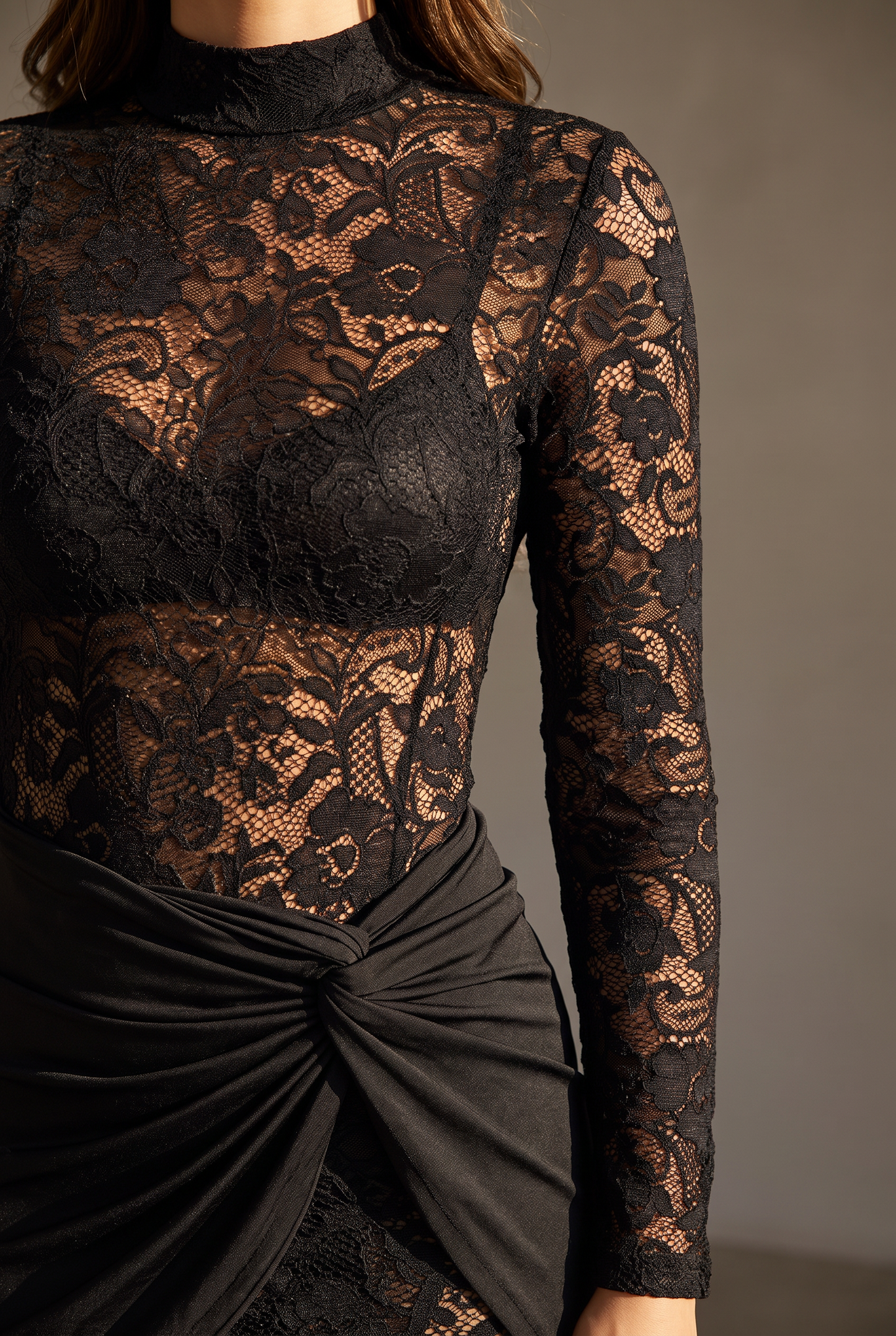 Midnight Lace Ruched Mini Dress