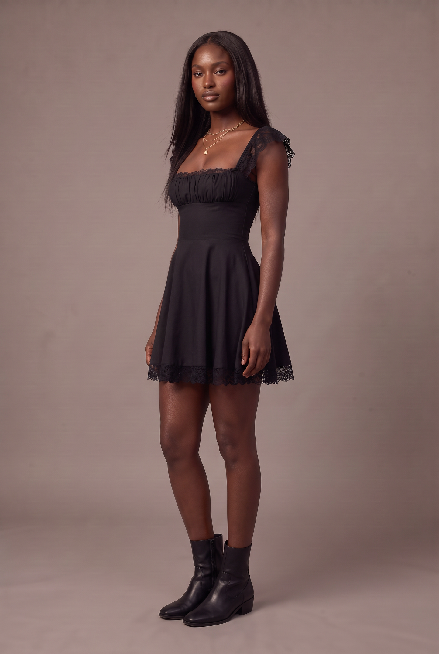 Lace Detail Square Neck Cap Sleeve Mini Dress