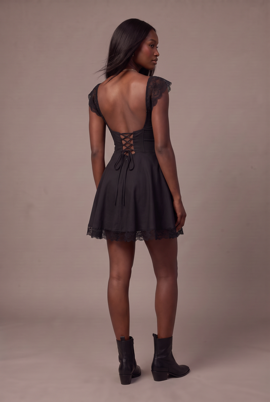 Lace Detail Square Neck Cap Sleeve Mini Dress