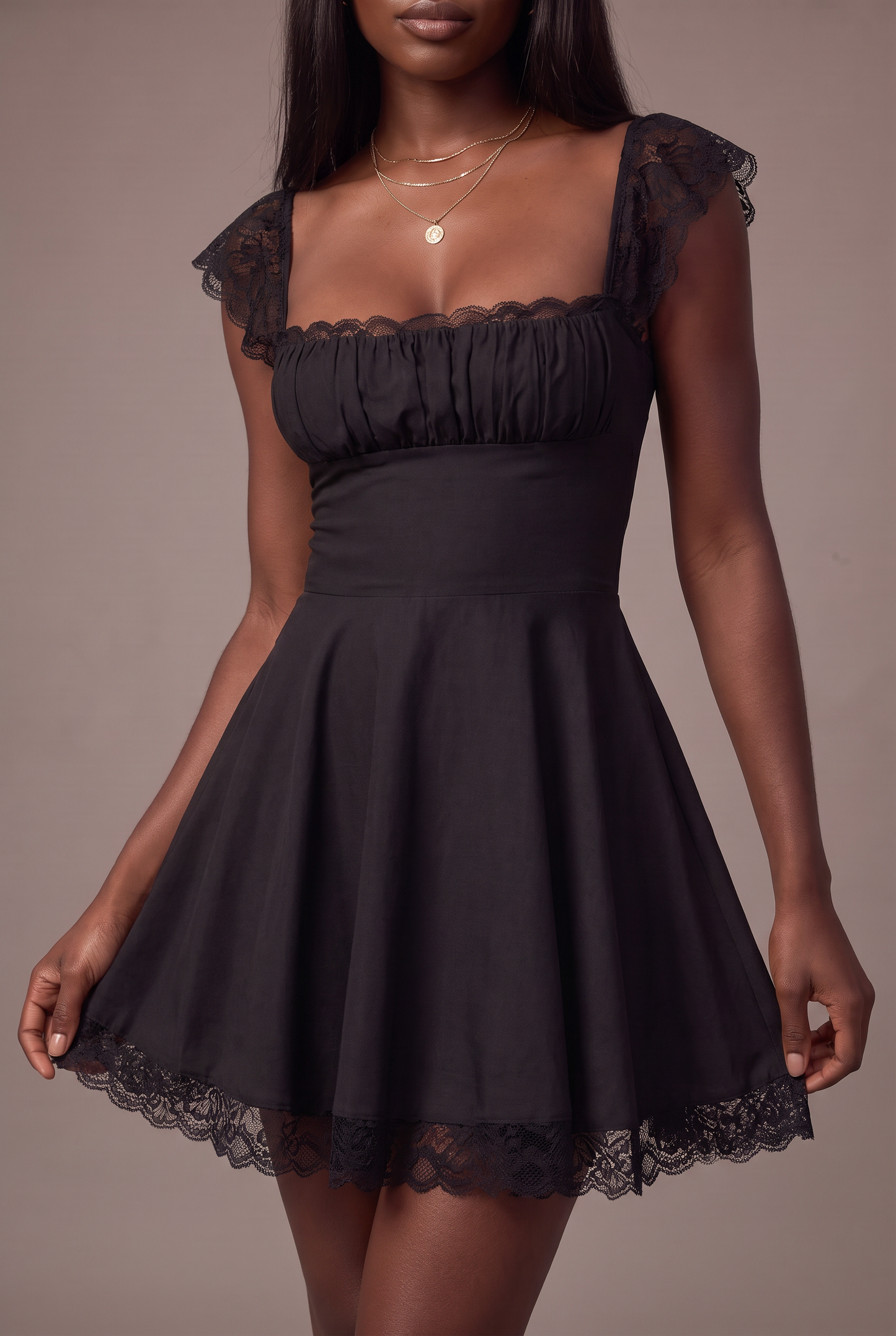 Lace Detail Square Neck Cap Sleeve Mini Dress