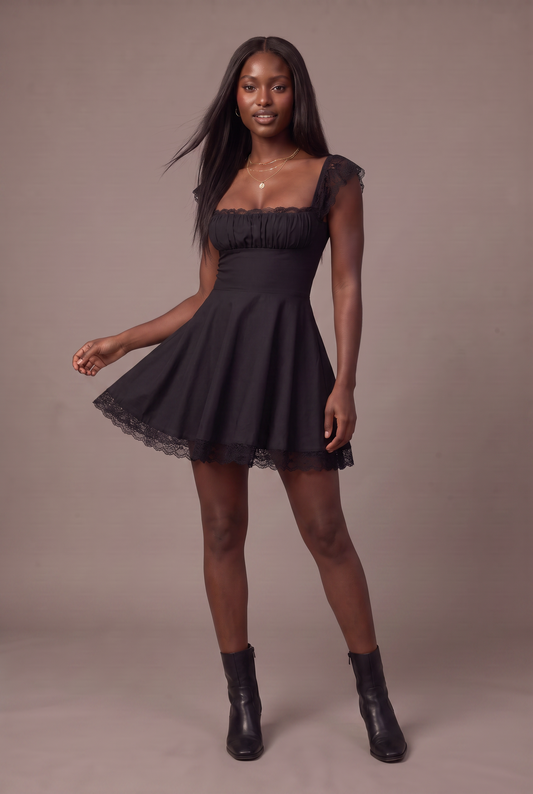 Lace Detail Square Neck Cap Sleeve Mini Dress