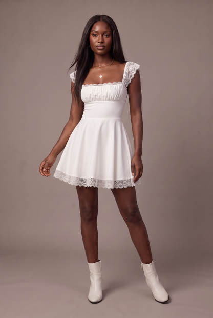 Lace Detail Square Neck Cap Sleeve Mini Dress