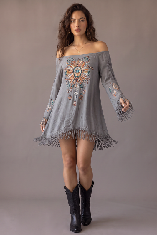 Encore Fringe Long Sleeve Mini Dress