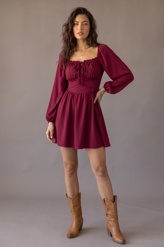 Encore Tie Square-Neck Balloon-Sleeve Mini Dress