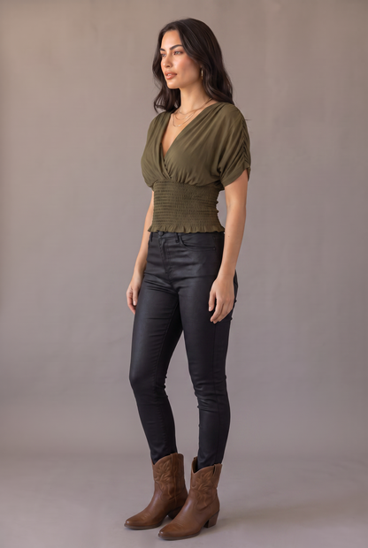 ashville Nights Smocked Surplice Top