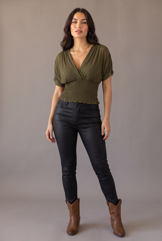ashville Nights Smocked Surplice Top