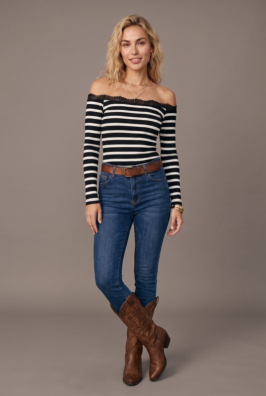 Backstage Crush Striped Off-Shoulder Top