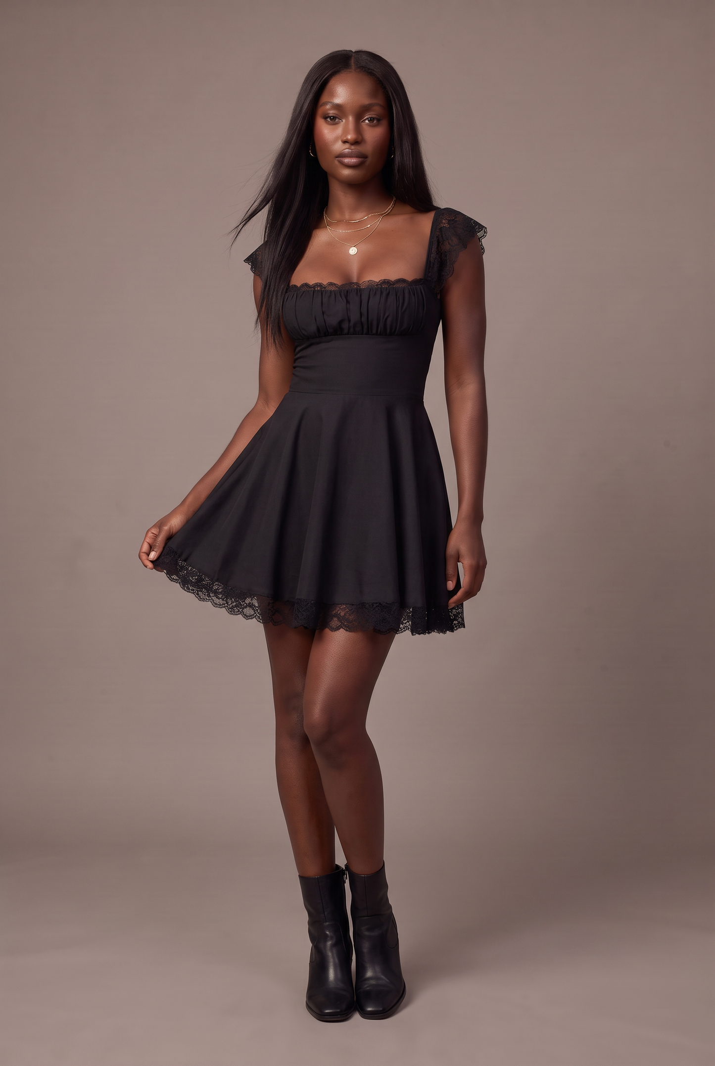 Lace Detail Square Neck Cap Sleeve Mini Dress